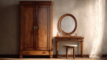 Vintage Wooden Wardrobe And Dressing Table With Mirror In Elegant Room. Classic Furniture For Sophisticated Interior Design