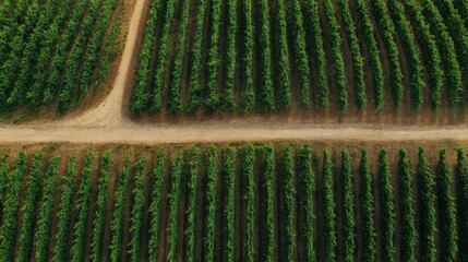 Vineyard Aerial View With Dirt Pathways. Agricultural Landscape And Crop Management