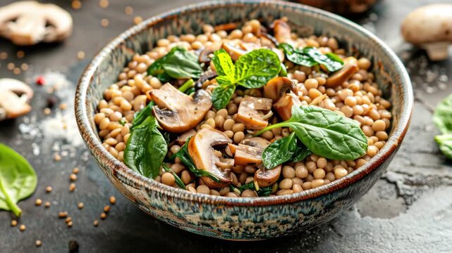 A vibrant, healthy meal featuring a bowl of cooked quinoa mixed with seasoned mushrooms, garnished with fresh herbs on a wooden table.