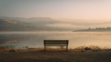 Bench Overlooking Serene Lake At Sunrise. Tranquil Reflection And Misty Mountains