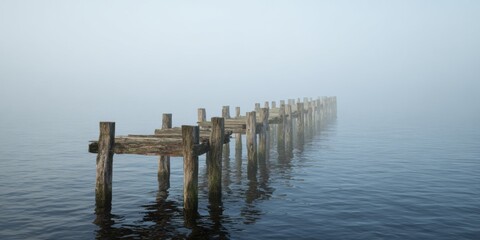 Old Wooden Pier Extending Into Foggy Lake. Tranquil Scene Of Abandoned Dock In Misty Waters
