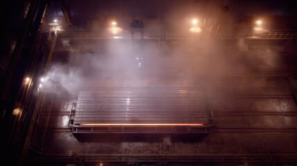 Steel Manufacturing Plant With Glowing Hot Metal Slab. Industrial Production And Heavy Machinery