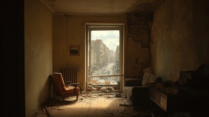 Abandoned Room With Debris And City View Through Window. Urban Decay And Desolation