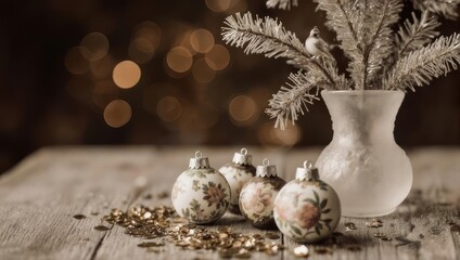Elegant Christmas Still Life with Ornaments and Vase.
