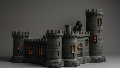 Architectural Stone Fortress, Dark Gray Walls, Illuminated Windows, Medieval Form.