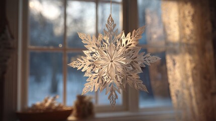 A beautifully detailed shot of a handmade paper snowflake hanging from a thin thread in front of a window, backlighting,