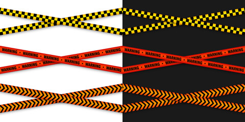 Barricade construction tape. Colorful police warning line, brightly colored danger or hazard stripe, ribbon. Restricted area, zone. Attention symbol. Vector illustration.