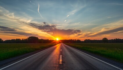 Naklejka premium Asphalt Horizon. A vanishing point amidst a golden sky, with textured clouds.