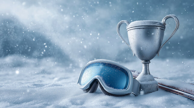 Silver trophy and ski goggles on snow. Winter sports, victory and achievement concept, copy space for text or advertising.