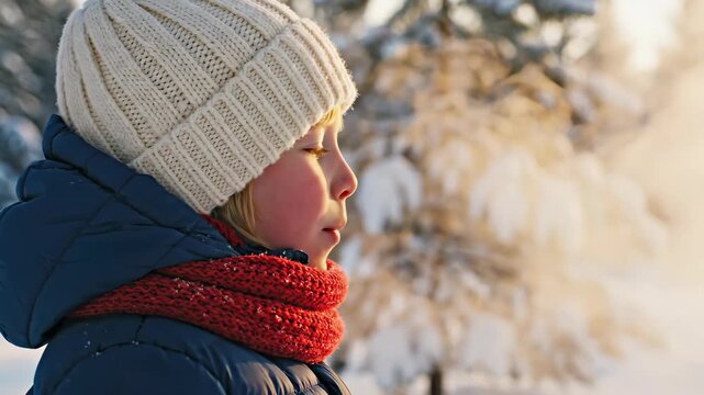 Close-up of a child exhaling visible breath in the cold winter air. Young girl sees her steam in the golden sunlight of a snowy forest. Childhood winter fun