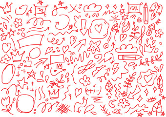 Whimsical red doodles and hand drawn elements collection A vibrant collection of hand-drawn red doodles featuring hearts, crowns, flowers, clouds, and abstract shapes on a white background.