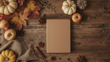 Autumn Arrangement on Rustic Wood, Featuring a Notebook and Seasonal Elements.