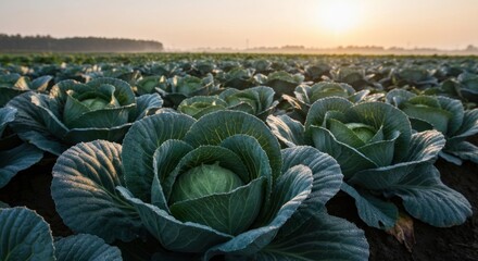 Obraz premium Cabbage field at dawn, rows of leafy vegetables under bright sunlight