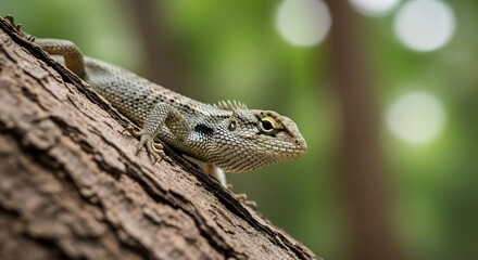 Obraz premium Lizard on textured bark with blurred green foliage background