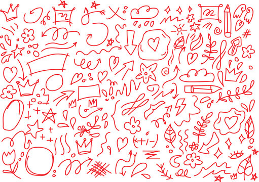Whimsical red doodles and hand drawn elements collection A vibrant collection of hand-drawn red doodles featuring hearts, crowns, flowers, clouds, and abstract shapes on a white background.
