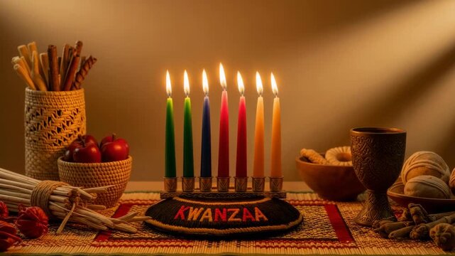 Kwanzaa celebration with a lit Kinara and seven flickering candles. Traditional setup with symbolic items for the African-American holiday. Cultural heritage and unity concept