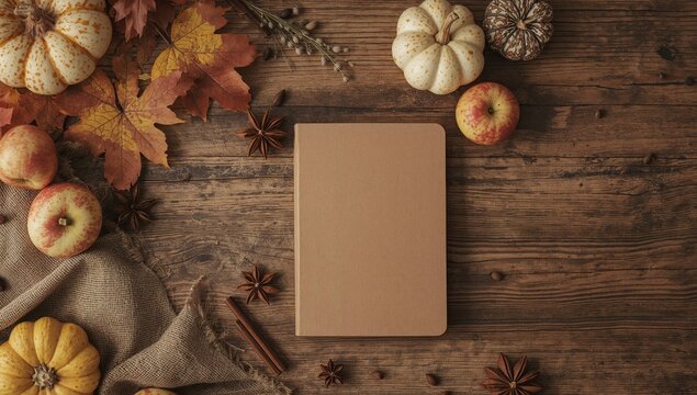 Autumn Arrangement on Rustic Wood, Featuring a Notebook and Seasonal Elements.