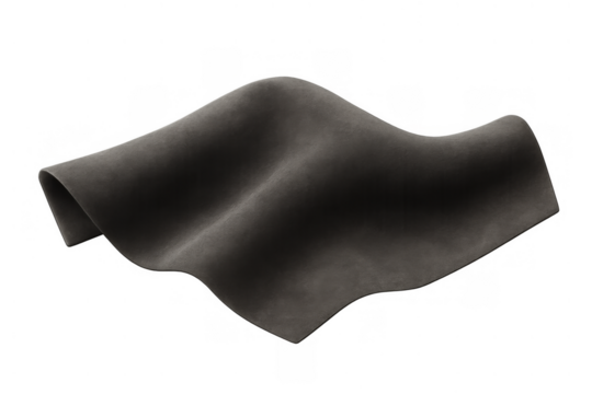 Dark gray velvet fabric flowing wavy texture forming soft curves on transparent background