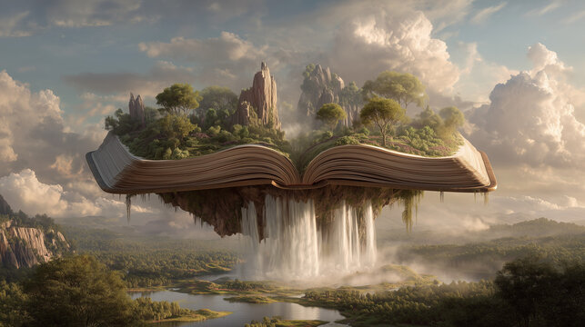 AI-generated image - Surreal fantasy scene of a floating open book with mountains, trees, and waterfalls above the clouds. - Powered by Adobe