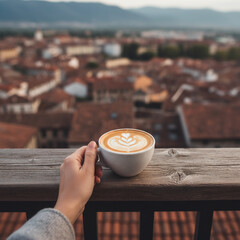 Obraz premium female traveler's hand holding a white porcelain cup of latte art coffee on a railing of a balcony terrace