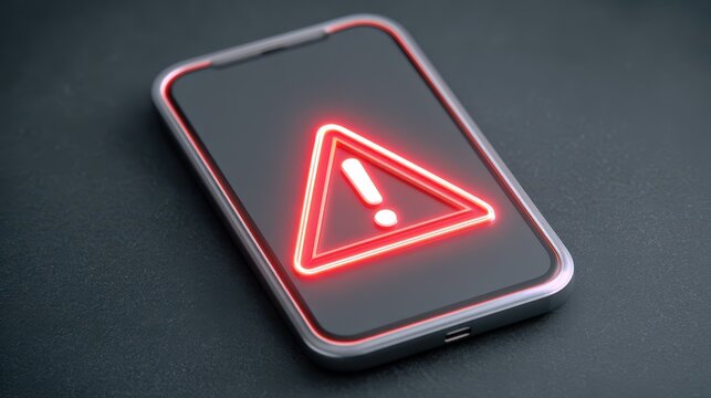 Scammer concept. Phone displaying a red alert symbol on a dark surface.