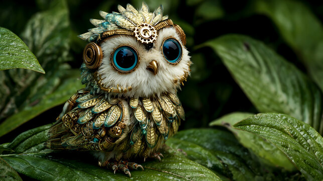 A cute fantasy owl sitting on green leaves in the forest