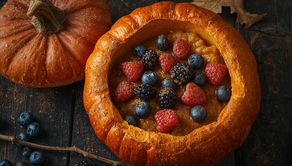 Autumnal Delight. A Vibrant Still Life with Pumpkins and Berries Composition.