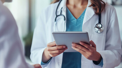 Doctor consulting patient using digital tablet