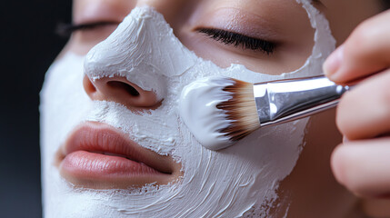 Closeup of hand applying cream mask with brush, skincare precision concept