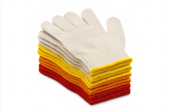 Stack of colorful cotton work gloves providing hand protection for safety, construction, and gardening activities - Powered by Adobe