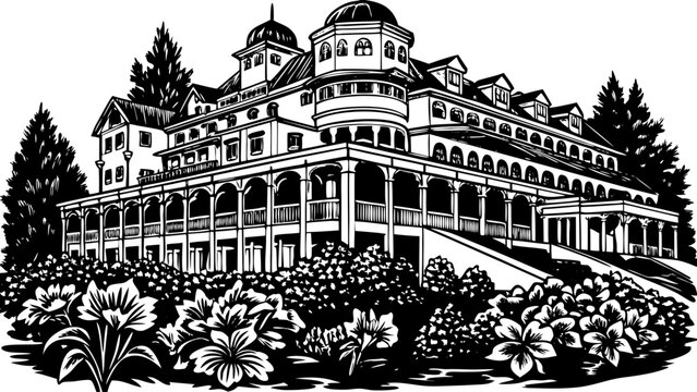 Very beautiful view of the historic Grand Hotel on Mackinac Island, Michigan, USA, featuring its elegant long front porch, classic white fa&ccedil;ade, vibrant summer greenery, and a realistic charming islan