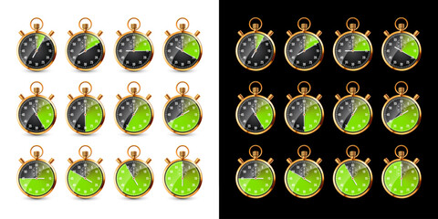 Fototapeta premium Realistic classic stopwatch. Shiny golden metal chronometer, time counter with dial. Green countdown timer showing minutes and seconds. Time measurement for sport, start, finish. Vector illustration.