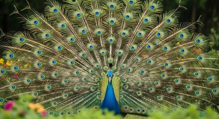 Naklejka premium Peacock displaying its iridescent fanned tail feathers green and blue plumage
