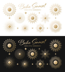 Vintage golden sunburst, sunset beams collection. Boho style, modern minimalist bohemian design. Hand drawn bursting sun, light rays. Logotype or lettering retro design element. Vector illustration.