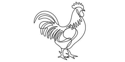 Continuous line drawing of a rooster standing. minimalist single line art illustration of a farm bird in profile on a clean background.