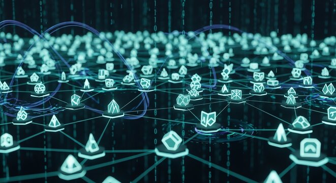 Digital network with glowing icons and connections