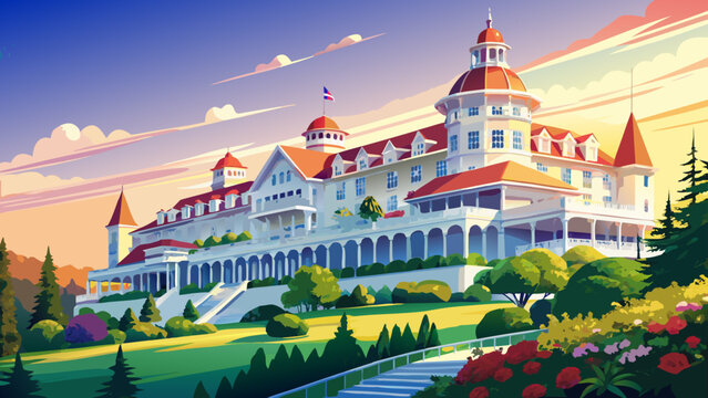 Very beautiful view of the historic Grand Hotel on Mackinac Island, Michigan, USA, featuring its elegant long front porch, classic white fa&ccedil;ade, vibrant summer greenery, and a realistic charming islan