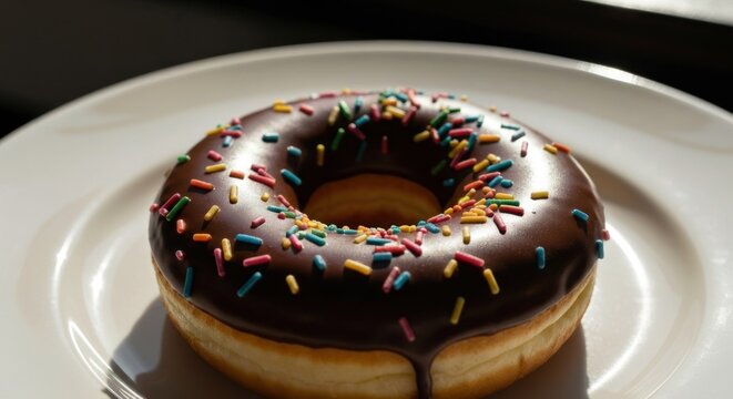 Chocolate-frosted donut with sprinkles on white plate, dappled light