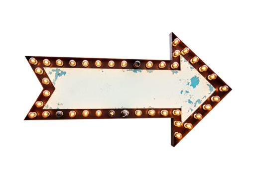 Retro arrow sign with blank space for text, illuminated by vintage bulbs, suggesting direction and vintage motel decor