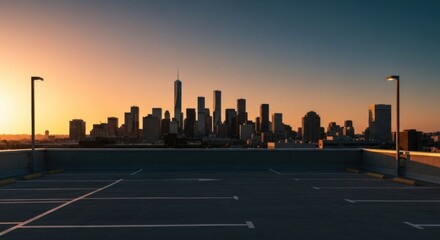 Obraz premium City skyline at sunset viewed from rooftop parking lot
