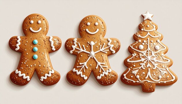 Close-up of three decorated gingerbread cookies in festive shapes