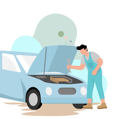 Modern flat vector illustration of a car mechanic with a wrench inspecting an open car engine. Clean, minimal design with a soft pastel color palette, ideal for automotive services.