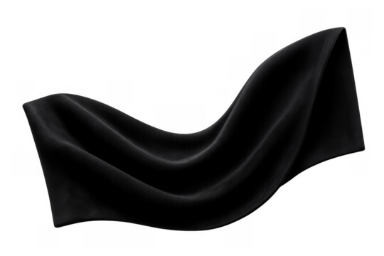 Black fabric creating elegant wavy drapery, flowing smoothly with soft creases, isolated on a transparent background