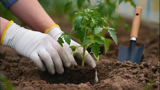 Person in gardening gloves planting a young tomato seedling in loose soil, with a garden trowel nearby, illustrating eco-friendly gardening, care, and seasonal outdoor work
