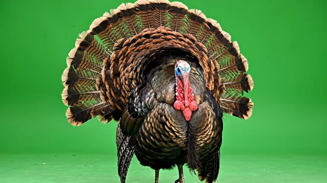 A large male turkey with its tail feathers fanned out in a display. A wild tom gobbler standing isolated on a green screen background