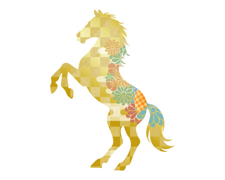 Rearing horse silhouette with Japanese traditional pattern. Vector illustration for New Year 2026 (Year of the Horse).
