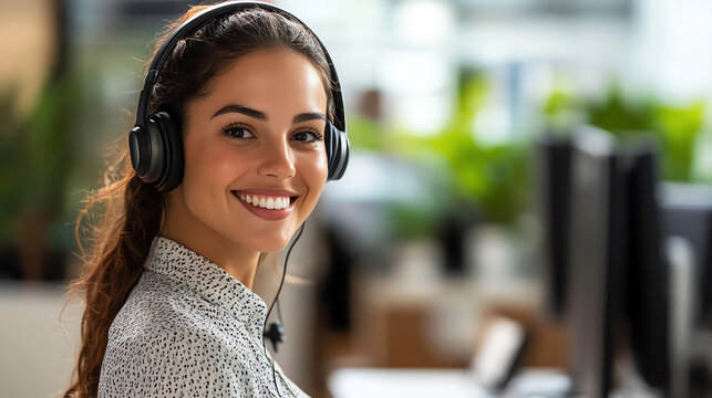 Smiling receptionist using headset