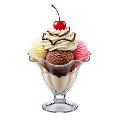 Sundae with three ice cream scoops and cherry isolated on a transparent background