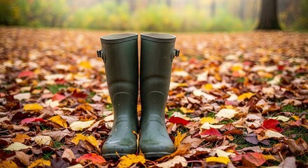 Green wellington boots amidst autumn leaves in a forest setting.