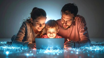 A family happily uses a laptop together, creating a beautiful image of digital interaction and love. The warm glow of the screen illuminates their faces. - Powered by Adobe
